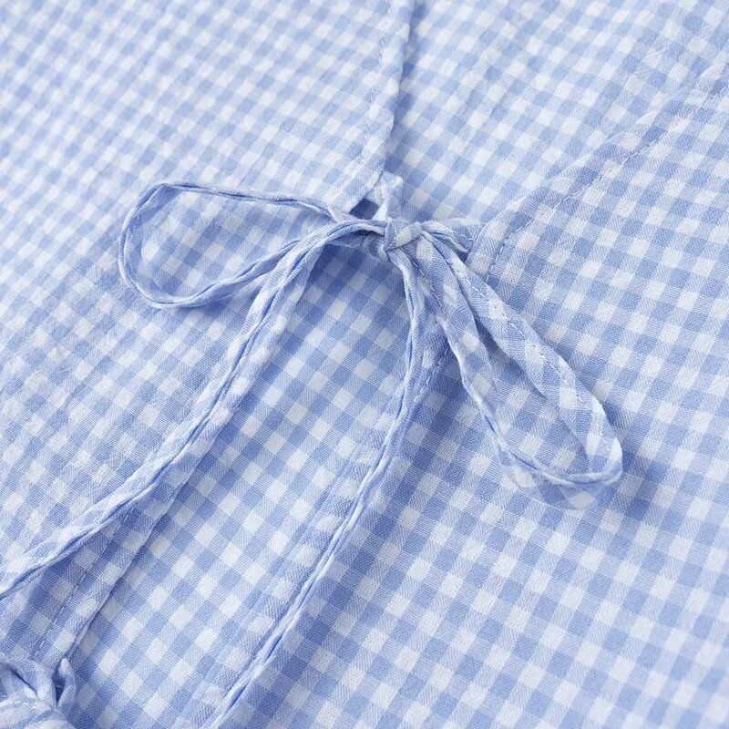 Women's Clothing Plaid Temperament V Neck New Style Fashionable All Match Solid Color Loose Long Sleeved Lace Up Plaid Cardigan Top_voghion.com