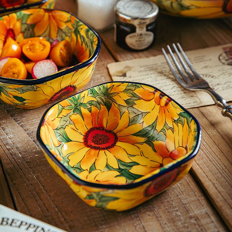 Boho Sonnenblumen Quadratische Teller - 4er Set handbemalte Vorspeisenteller aus Keramik mit Unterglasurkunst - Lebendiges Blumengeschirr_voghion.com