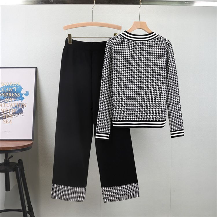 Dameklær houndstooth jacquardstrikket cardigan med V-hals, bukser med brede ben, todelt dress, aldersreduserende temperamentsdrakt_voghion.com