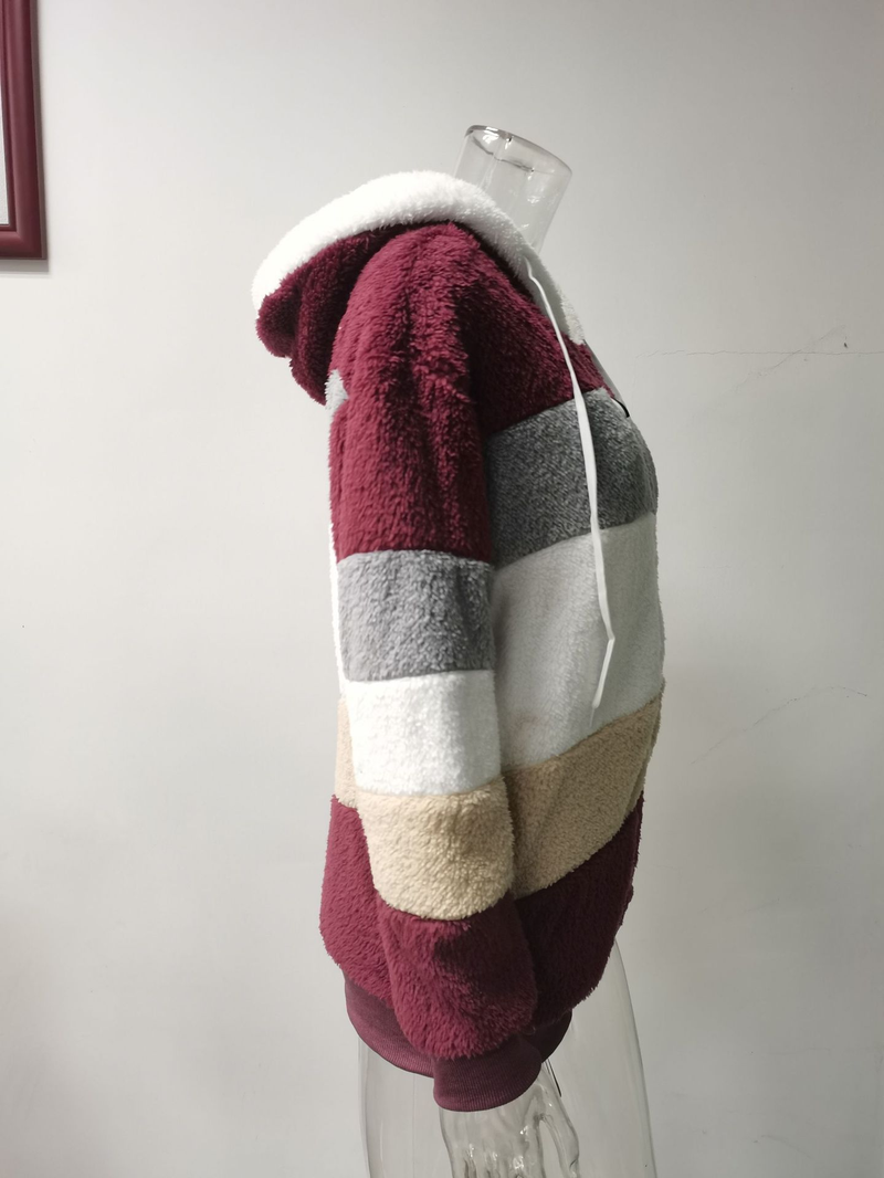 Giacca ampia da donna con cappuccio, tasca con cerniera patchwork in caldo autunno e inverno_voghion.com