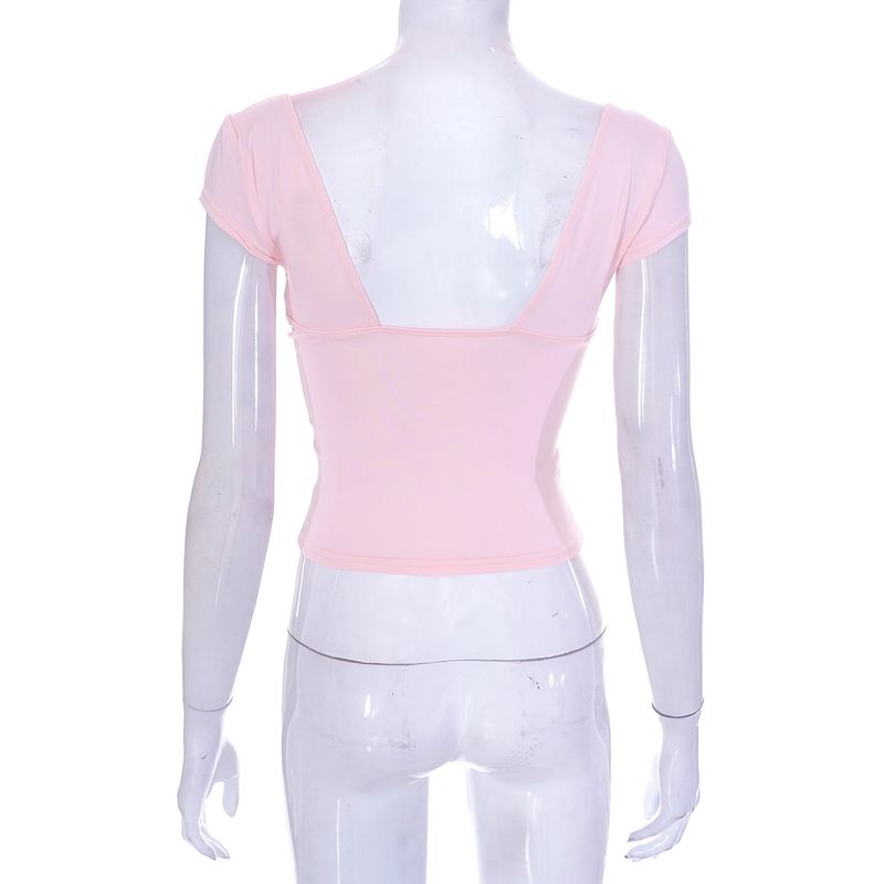 Abbigliamento donna nuovi top casual a maniche corte scollati in tinta unita_voghion.com