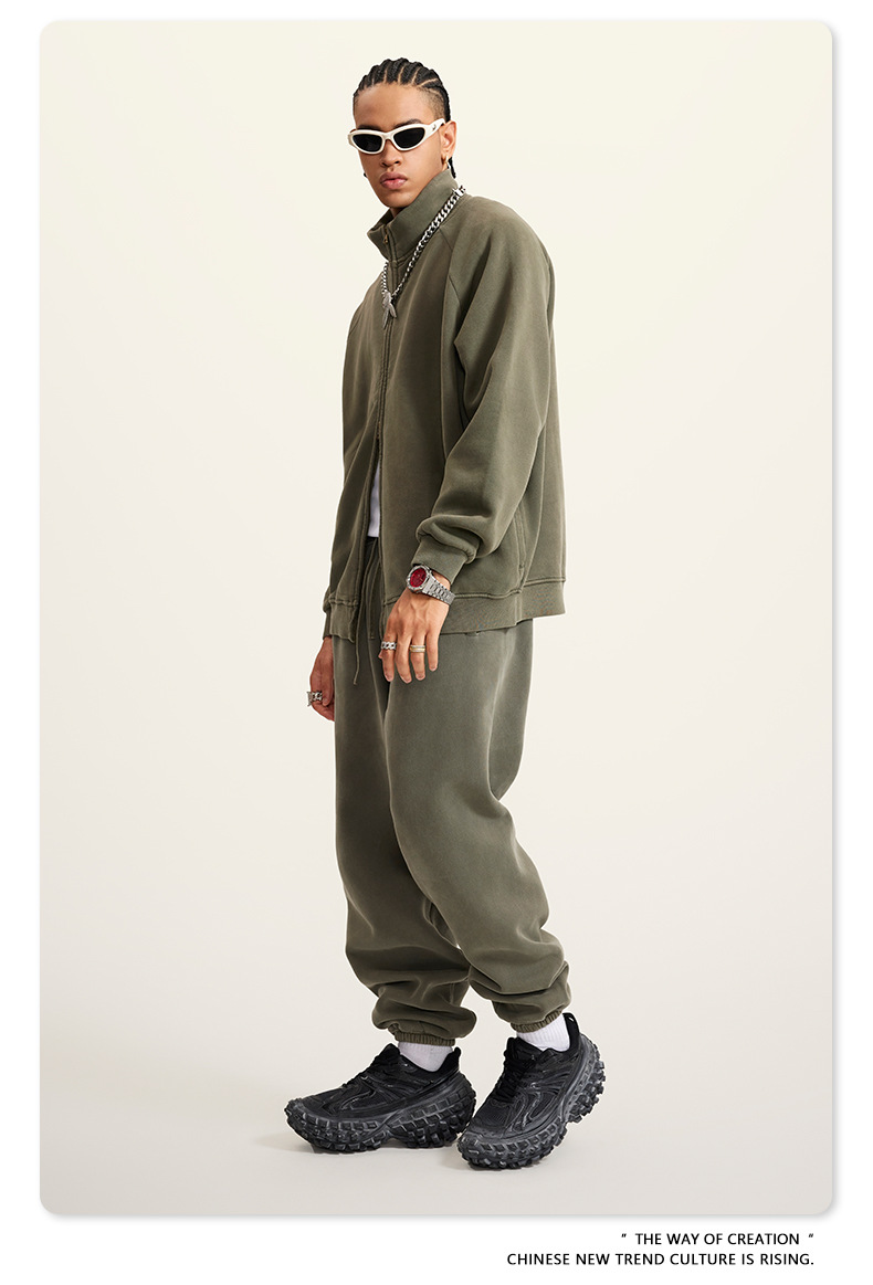 Man's clothing Vintage wash shoulder zipper jacket loose fleece jacket for men_voghion.com