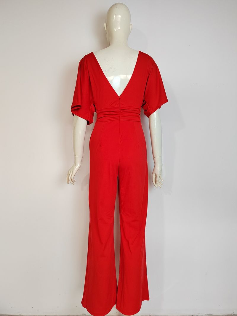 Damesjurk Jumpsuit Hot Sale Diepe V-broek met hoge taille en wijde pijpen_voghion.com
