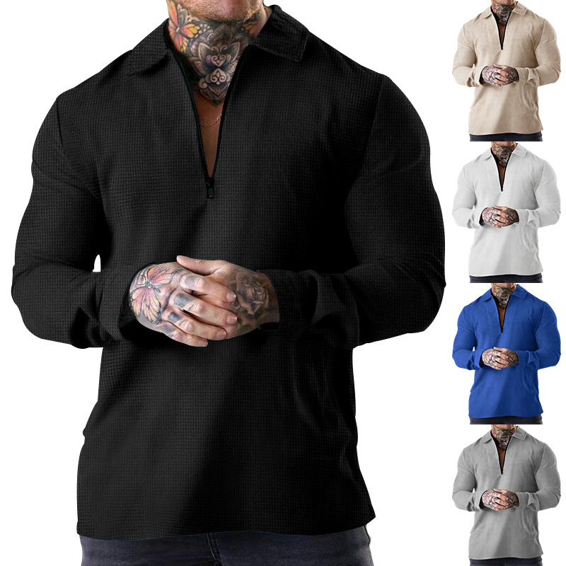 Herrkläder Heavy Waffle pikétröja med lapel långärmad fritids T-shirt_voghion.com