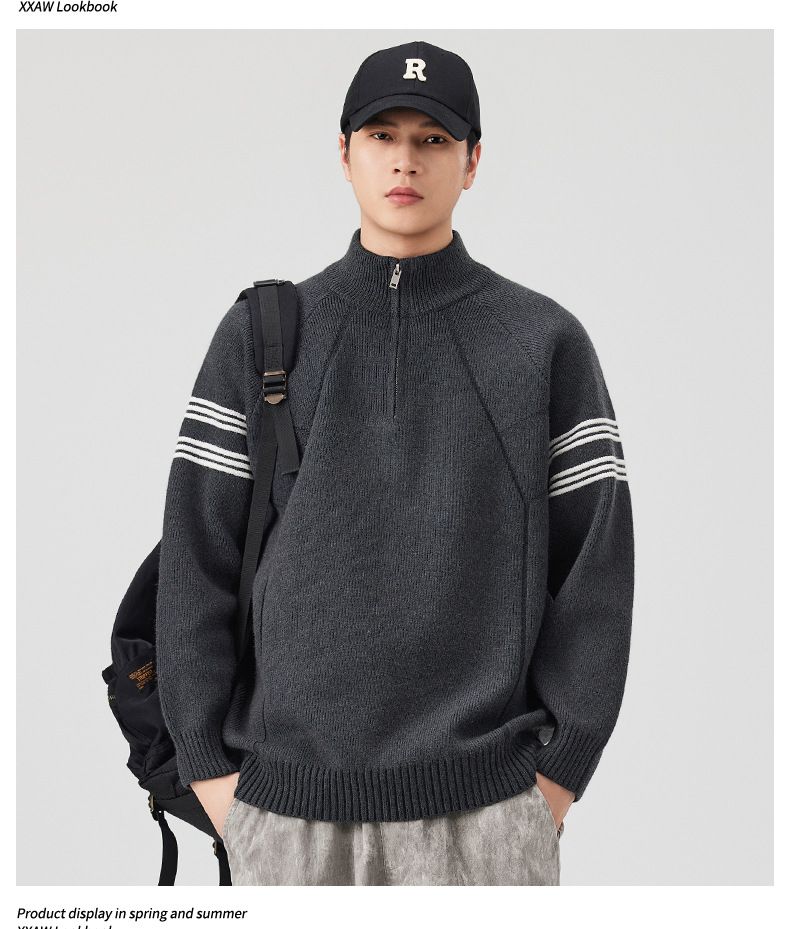 Retro Stand Collar Zip-Up Knit Sweater – Unisex Streetwear Pullover (M-3XL, Relaxed Fit, Vintage Aesthetic)_voghion.com