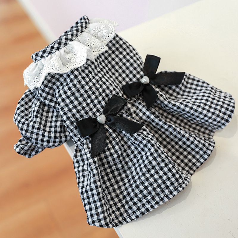 Pet Circle Dog Clothing Cat Clothes Bowknot Lace Collar Edge Black And White Plaid Princess Heart Pearl Dress_voghion.com