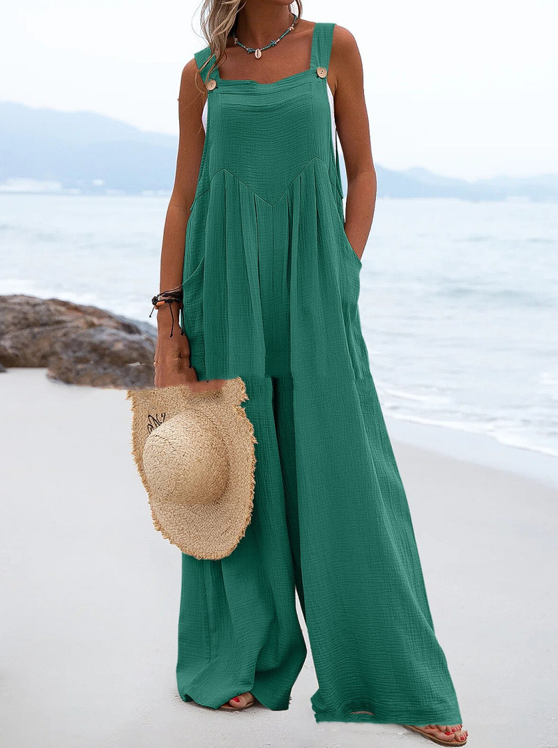 Summer New Women's Fashion Ethnic Style Solid Button Strap Jumpsuit Wide Leg Pants C111_voghion.com