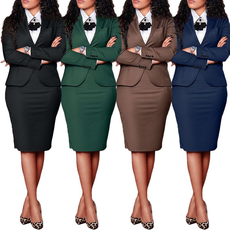 Spring New Arrival Women's Professional Suit Set - Long Sleeve Blazer & High Slit Pencil Skirt (Black/Navy/Green/Brown, S-3XL)_voghion.com