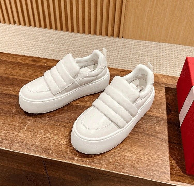 Hohe Version RV Quadratischer Knopf Strass Dicke Sohle Weiß Mit Runder Spitze, Erhabenem Schaum, Wolkenbrot, Lässige Brettschuhe_voghion.com