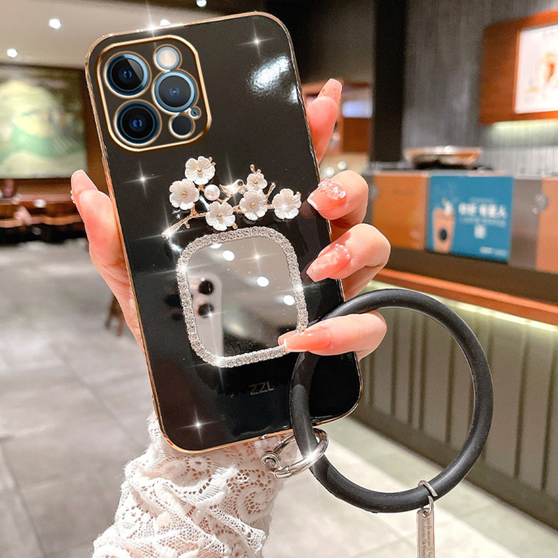 Plating Bracelet Case For Samsung A34 A54 A53 A32 A33 A22 A13 4G 5G A12 A73 A25 A31 A21S A14 Plum Flower Square Mirror_voghion.com