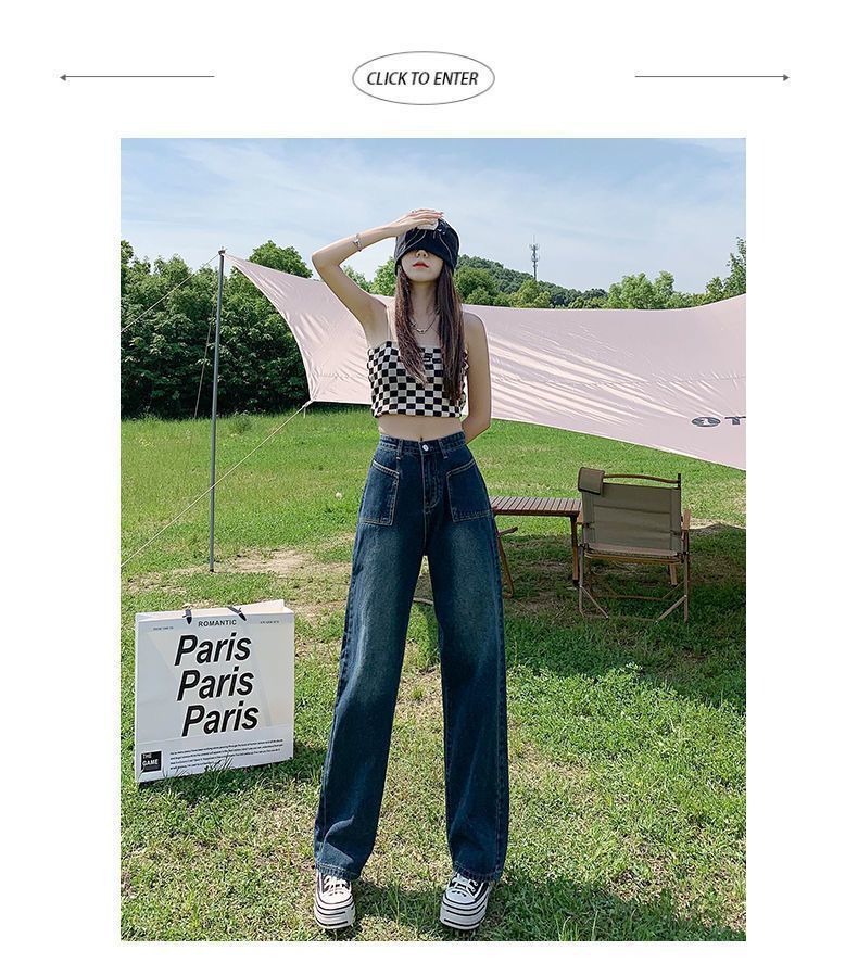 Blaue weite Jeans, Damen-Herbst-Neuheit mit kleiner Statur, Hong Kong-Stil, hohe Taille, schlankmachender und schlaffer Boden mit geradem Bein_voghion.com