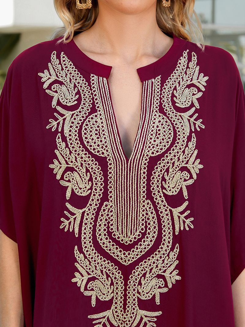 "Women's Floral Embroidered Rayon Maxi Dress Beach Cover-Up Breezy Boho Tunic With Loose Fit For Summer Vacation"_voghion.com
