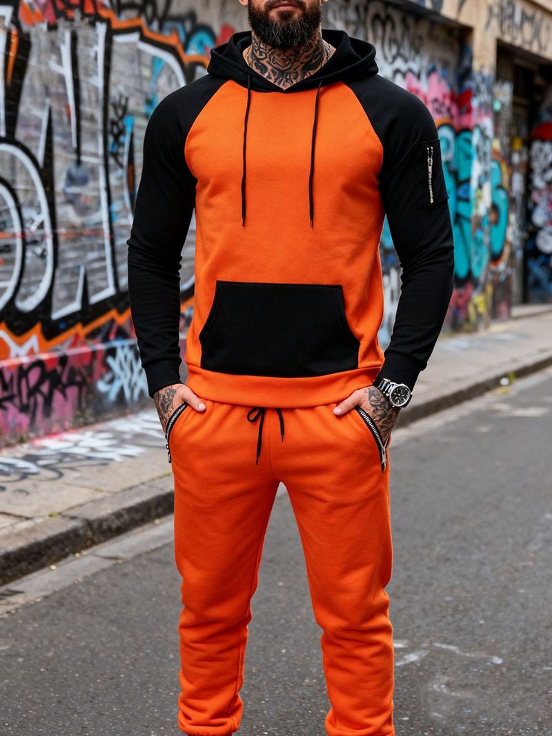 Felpa con cappuccio in pile e jogger in velluto e colori coordinati per uomo - Completo due pezzi a blocchi di colore per sport invernali e abbigliamento casual_voghion.com
