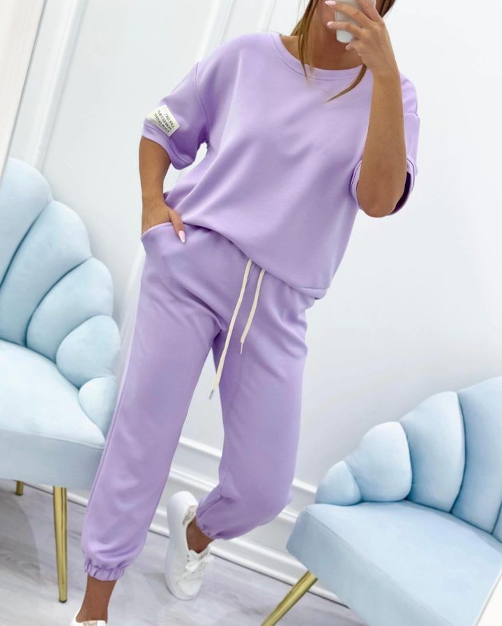 Lässiges, bedrucktes Kurzarm-Lounge-Set für Damen, bequeme, dehnbare Polyesterhose und passendes Oberteil für den Sommer, Übergrößen erhältlich_voghion.com