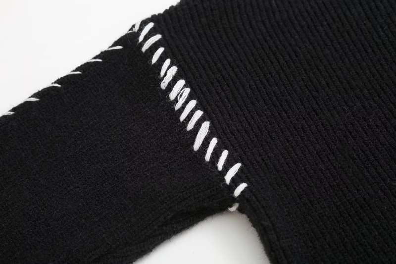 Damenpullover mit Rundhalsausschnitt, warme, schicke Farbe, Patchwork-Linienpullover_voghion.com
