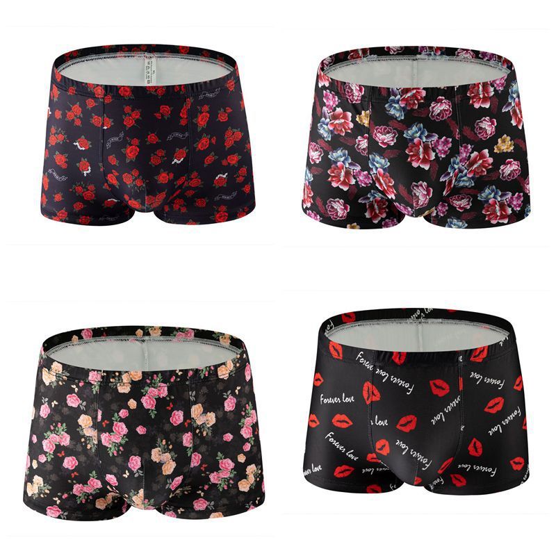 LuvBox 2024 Nuovi Boxer da Uomo in Seta di Latte Stampata, Traspiranti e Comodi, Multicolore, con Motivo a Rosa_voghion.com