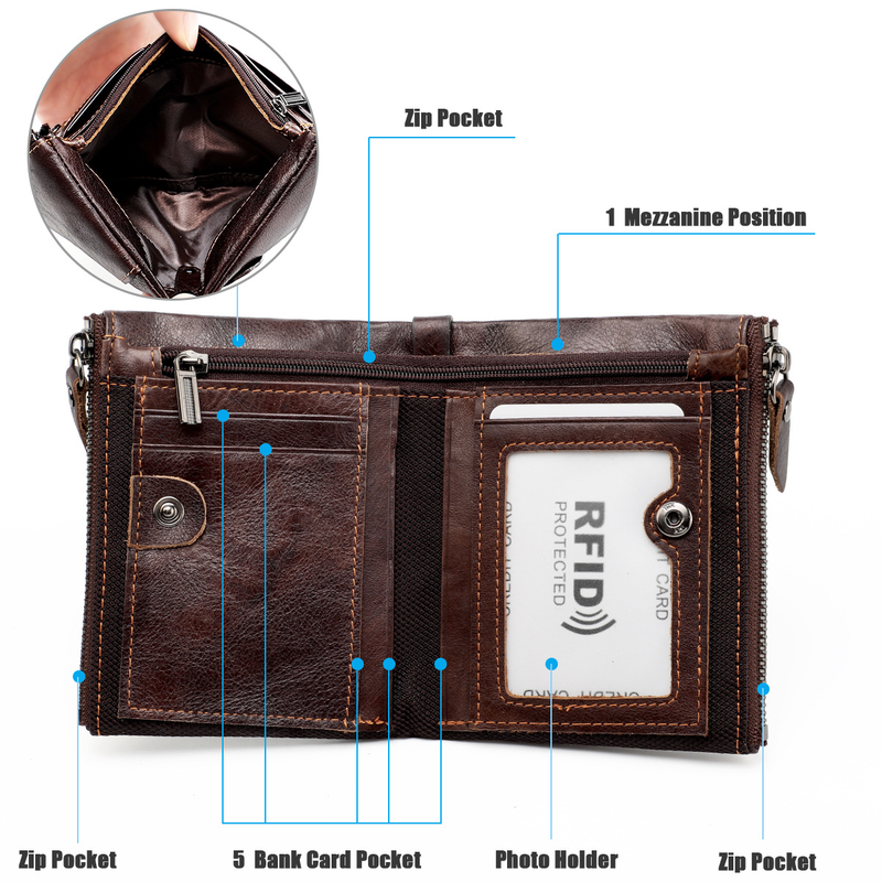 Genuine Leather Wallets for Women Men Small Rfid Wallet Short Bifold Card Holder Men's Wallet with 3 Zipper Pockets Coin_voghion.com