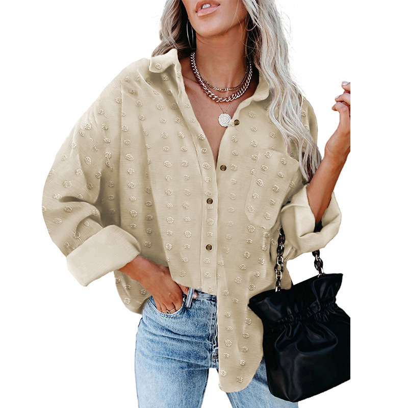Dameklær Ensfarget chiffon-skjorte med jacquard-polokrage og lange ermer og løse knapper i cardigan-topp_voghion.com