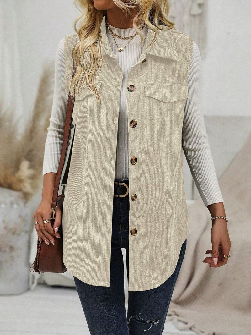 Gilet spolverino in velluto a coste da donna – Giacca lunga con bottoni e colletto a revers, cardigan casual da ufficio color cammello, capo essenziale per un look a strati in poliestere_voghion.com