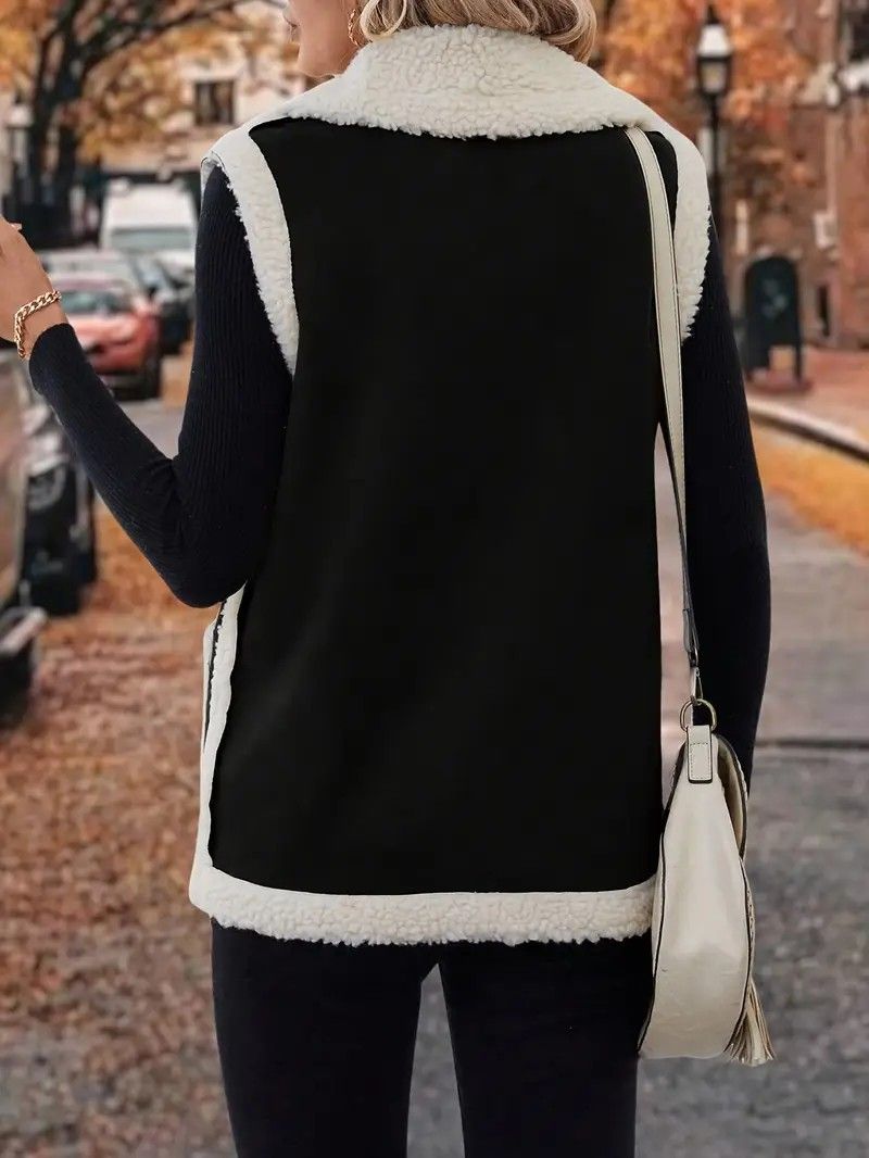 Vêtements pour femmes : gilet polaire d'hiver sans manches, veste surdimensionnée doublée de daim avec poches, pièce décontractée à superposer (noir/kaki foncé)_voghion.com