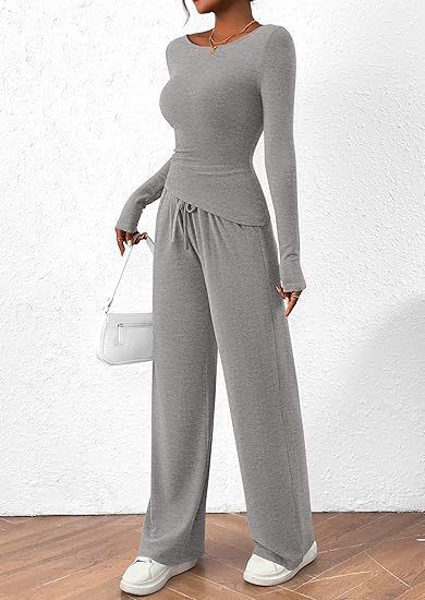 Trendy Asymmetrical Long Sleeve T-Shirt & Wide-Leg Pants Set - Fall Casual Outfit, Comfortable Polyester Blend, Multiple Colors & Sizes_voghion.com