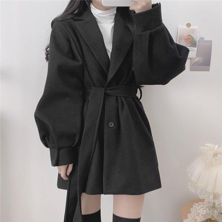 Hepburn estilo casaco de lã preto para mulher outono e inverno 2023 nova cintura pequena engrossado casaco de lã de comprimento médio_voghion.com