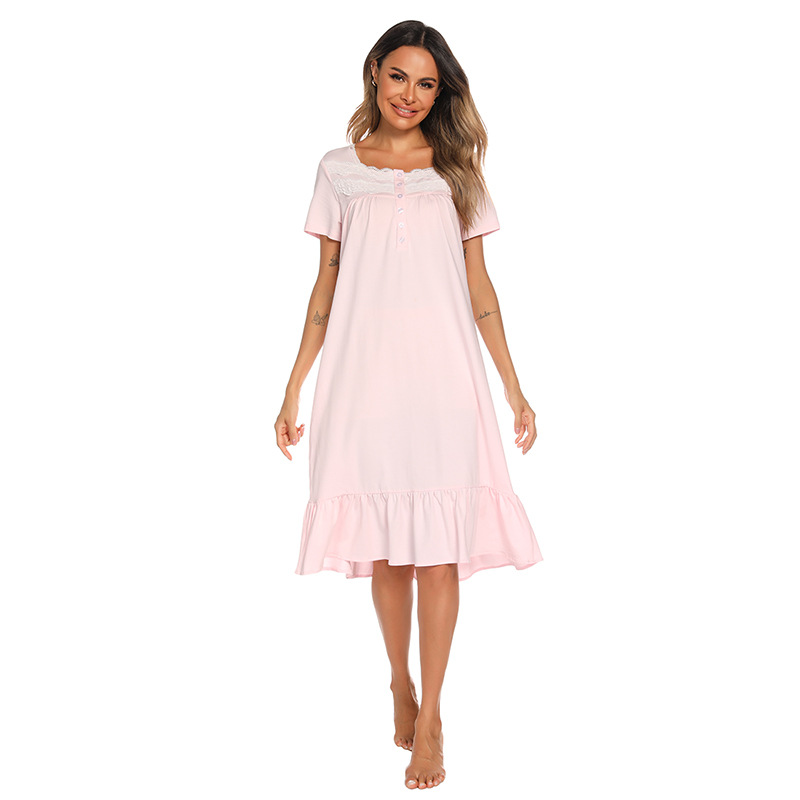 Damenbekleidung kurzärmliges Nachthemd aus Baumwolle mit langem Rock, weiblicher Sommerpalast-Stil, süße Prinzessin, niedlich, lose, große Größe, Pyjama_voghion.com