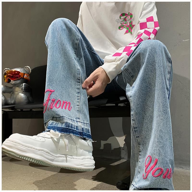 Jeans im amerikanischen Stil für Herren, Herbst-Design, High Street-Modemarke, bestickt, vielseitig, locker, gerades Bein_voghion.com