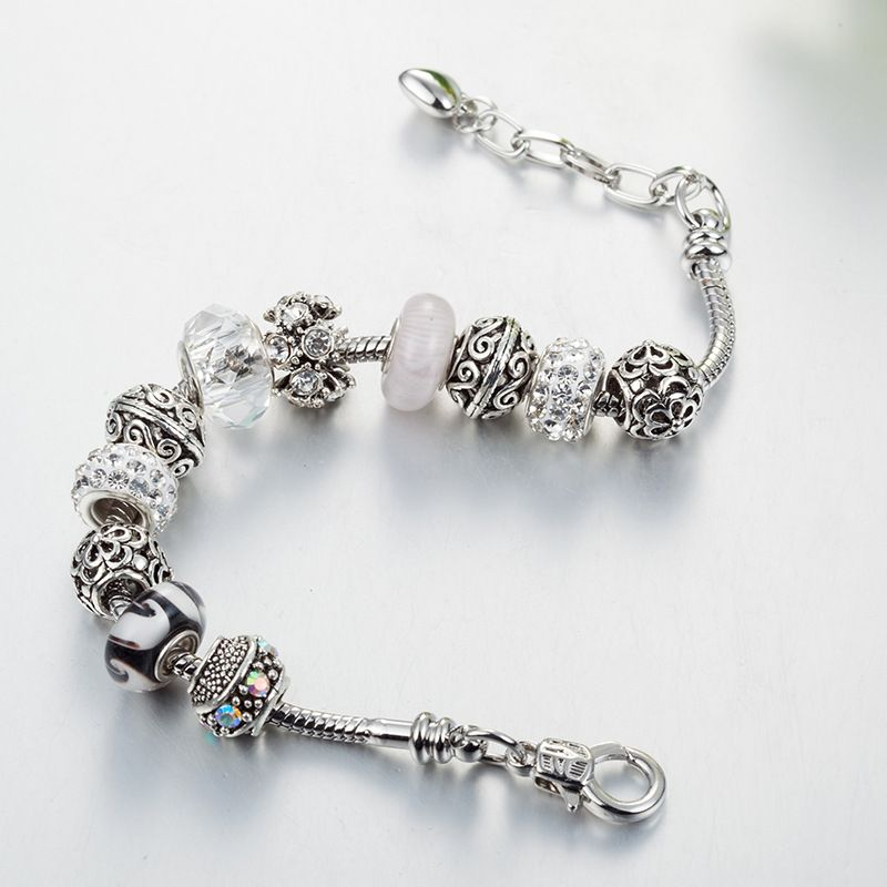 DIY Handmade Large Hole White Glass Beads 18+5cm Adjustable Bracelet_voghion.com