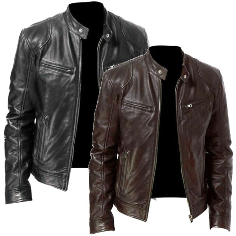 European men's standing collar trend, spring and autumn new leather ja, handsome motorcycle suit, youth oversized_voghion.com