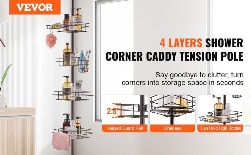 VEVOR 42" To 114" High Shower Corner Caddy Tension Pole Rust-Proof Tension Pole_voghion.com