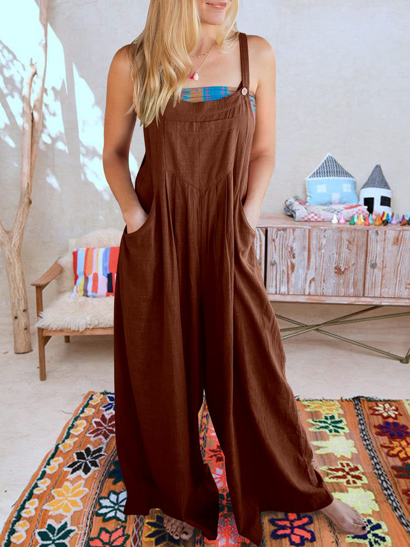 Women's clothing solid color loose casual cotton and linen overalls jumpsuit_voghion.com