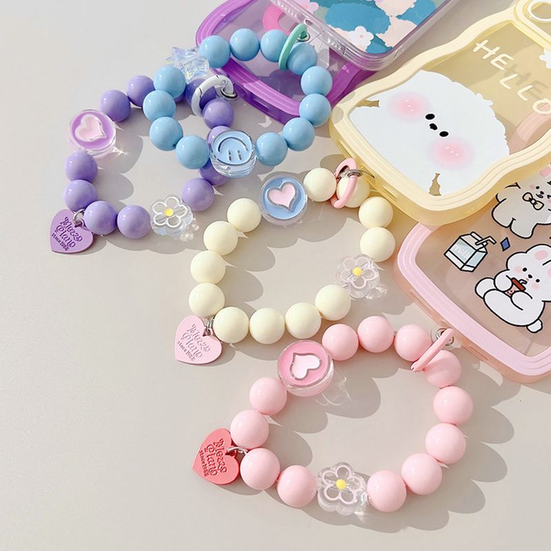 Love Heart Flower Mobile Phone Lanyard Short Wrist Strap Bracelet Beads Handmade Pendant Phone Charms Anti-lost Keychain Cord_voghion.com