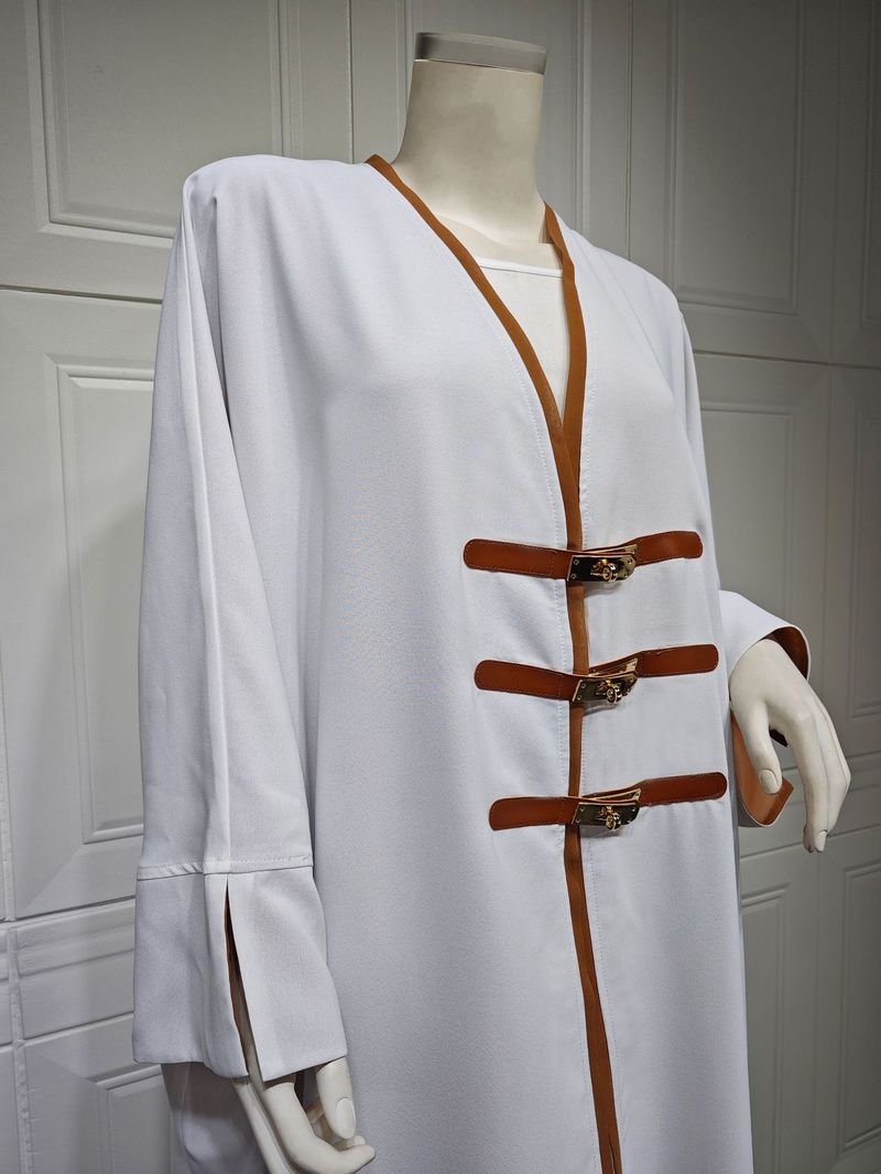 Abbigliamento da donna in pelle con fibbia Abaya turco color block abito esterno arabo_voghion.com