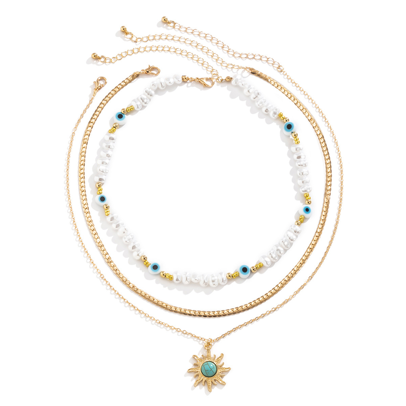 Schmuck mit kontrastierenden Farben, personalisierte Augen, Perlenkette, ethnischer Stil, Sonnentürkis-Anhänger, Halskette_voghion.com