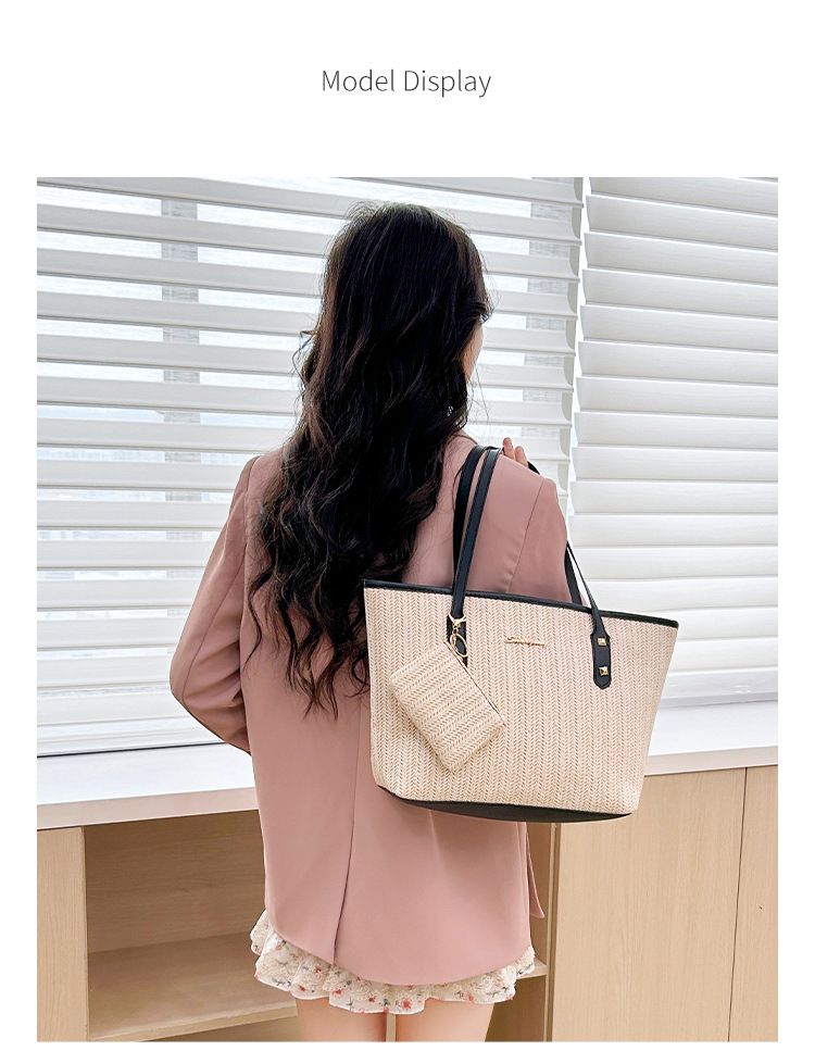 Borse da donna, borsa di paglia di grande capacità, per pendolari, per donne, madre e bambino, set da 2 pezzi, borsa da ascella con colori a contrasto_voghion.com