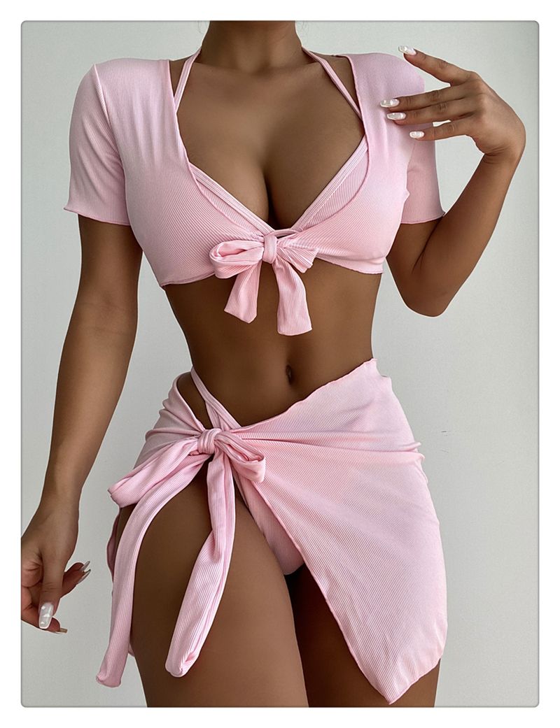 Nieuwe bikini vleesbedekking en dun vierdelig badpak Badpak Dames effen kleur meerdelig badpak_voghion.com