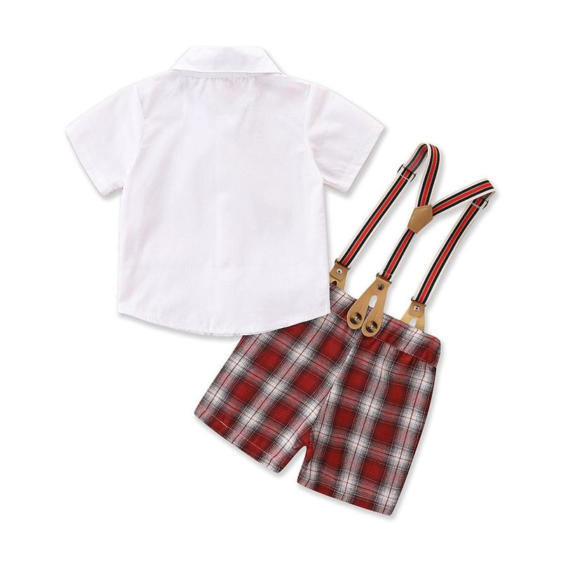 SAMGAMI BABY Ensemble trois pièces pour garçon, version coréenne, barboteuse à manches courtes, gilet et chapeau, blanc, nœud papillon, bretelles_voghion.com
