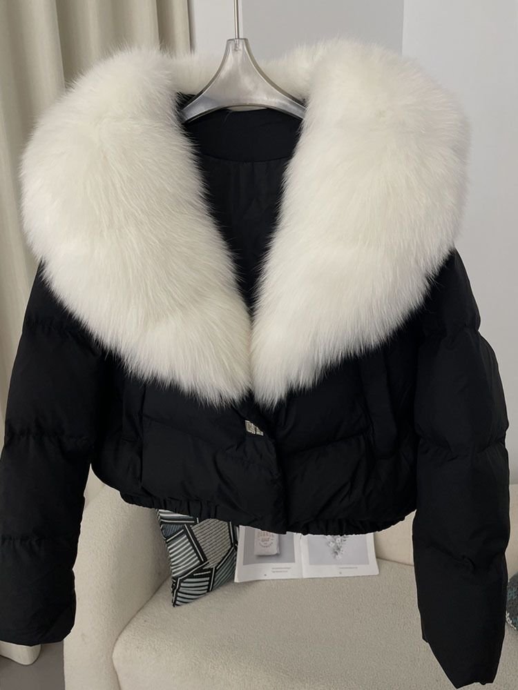 Kurze Pufferjacke für Damen mit echtem Fuchspelzkragen – warmer Wintermantel für zierliche Damen, modische übergroße Kapuze, leicht und stylisch_voghion.com