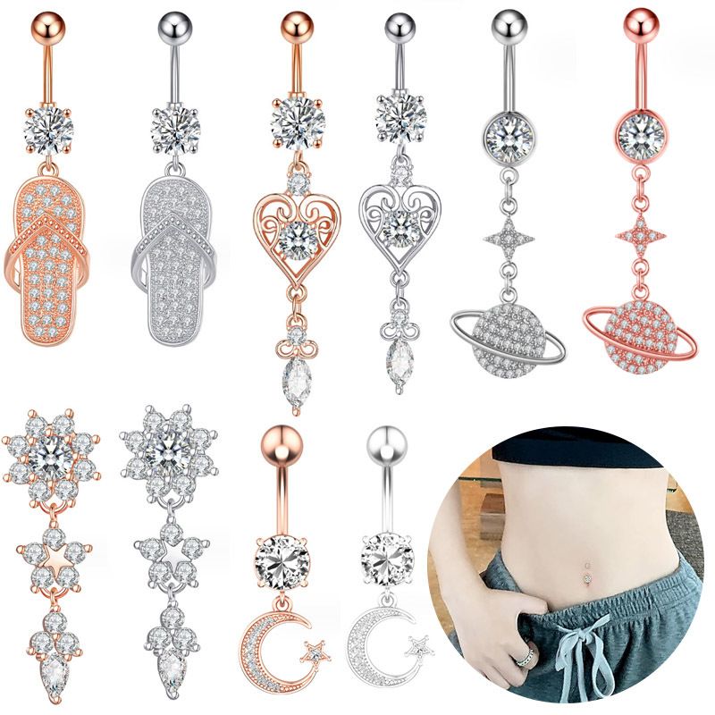 Anello con bottone in acciaio inossidabile semplice europeo e americano, ciondolo a forma di luna con zircone, moda danza del ventre, ago spesso per ombelico_voghion.com