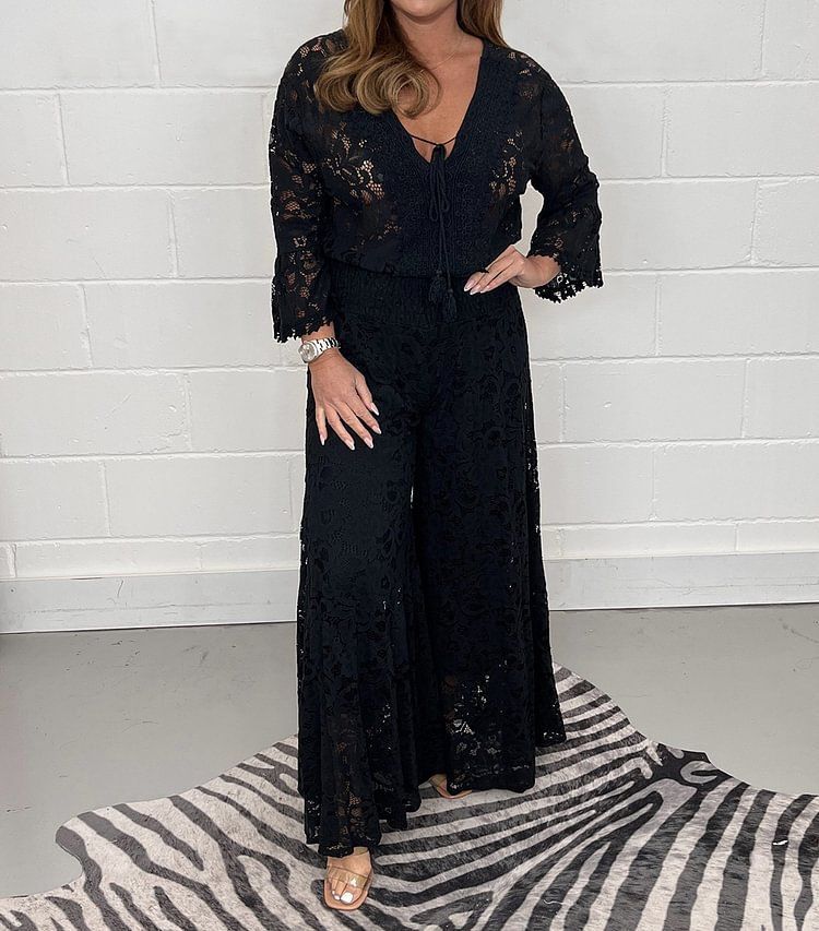 Abiti da donna alla moda, nuovi abiti primaverili, top in pizzo ricamato, pantaloni dritti a vita alta, completi due pezzi_voghion.com