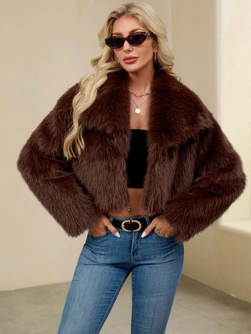Giacca da donna con collo in pelliccia sintetica – Cappotto corto in peluche con revers alto | Lussuosa e calda (S-XXXL)_voghion.com