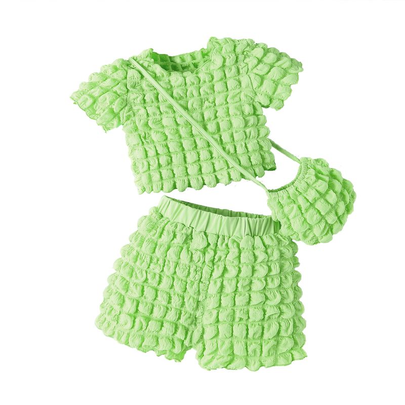 Ensemble d'été pour enfants, haut à manches courtes + short + sac à carreaux à bulles solides, couleur bonbon, ensemble pour filles_voghion.com