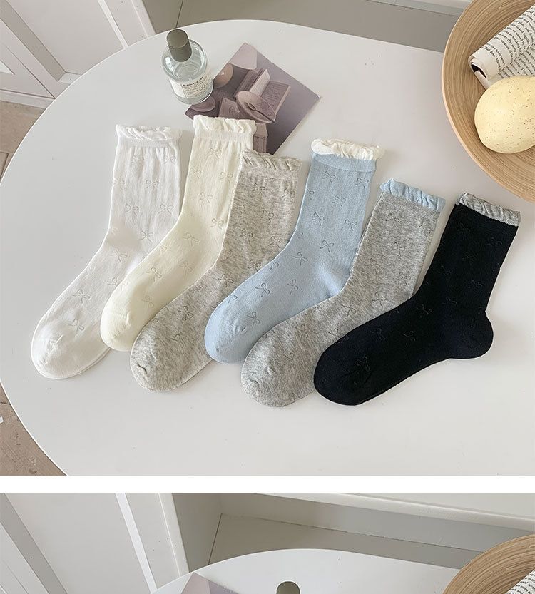 Calzini da donna blu con fiocco a metà polpaccio, estivi in cotone sottile, nuovi e carini calzini per il tempo libero con bordo in pizzo 2025_voghion.com