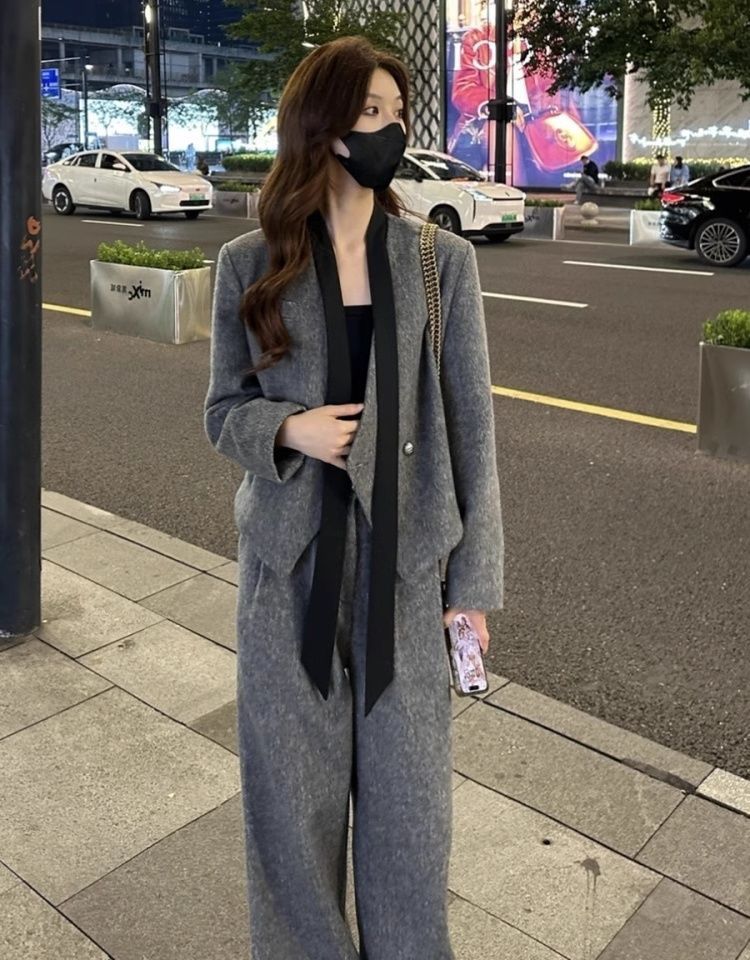GraceChic Fashion Blazer in lana con nastro, pantaloni casual da donna, autunno inverno, nuovo set due pezzi, stile coreano_voghion.com