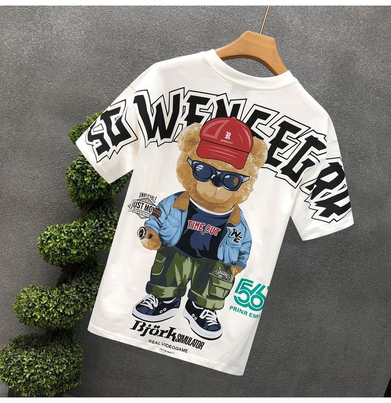 Herrenbekleidung Kurzarm-T-Shirt mit Cartoon-Bär-Aufdruck für Herren, Sommermode, All-Match, lässiger Rundhalspullover, lockeres Oberteil_voghion.com