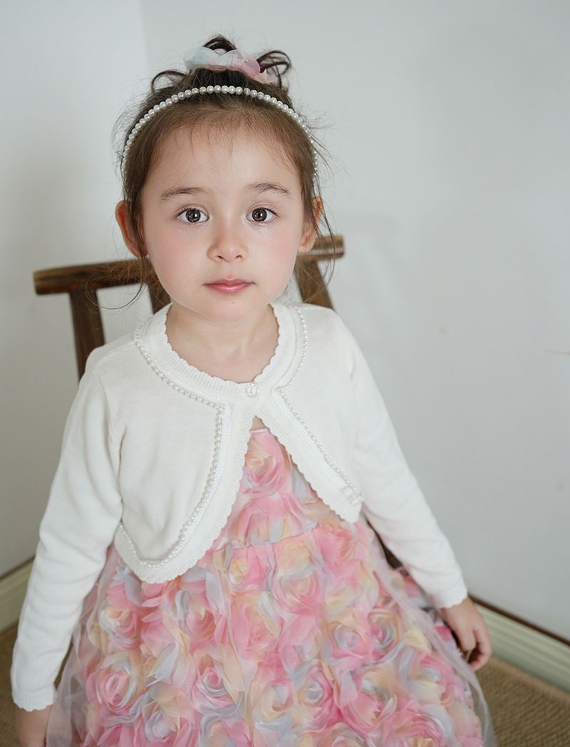 Cardigan en tricot de coton pour fille – Veste d'été légère avec bordure perlée (90-160 cm, blanc/rose/violet, sécurité classe B)_voghion.com