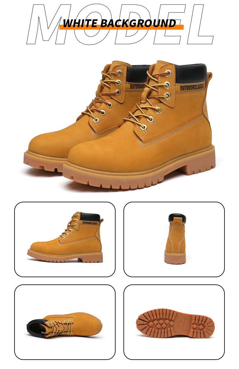 Bottes de travail montantes unisexes en cuir pleine fleur de qualité supérieure - Bottes Martin robustes, imperméables et antidérapantes pour hommes et femmes (jaune)_voghion.com