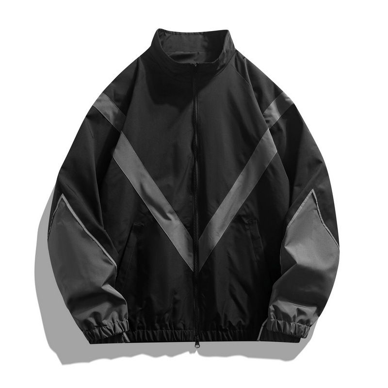 Trendy Brand Embedded Line Reflective Splicing Stand Up Collar Zipper Spring Autumn Season, Loose Sports And Casual_voghion.com