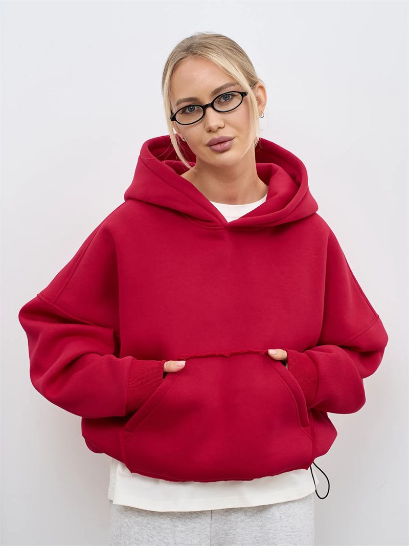 Cropped Hoodie With Drawstring Waist – Oversized Streetwear Pullover With Kangaroo Pocket (S-XL, 7 Colors)_voghion.com
